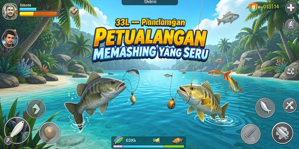 Screenshot utama 33L menunjukkan pemain sedang memancing di danau yang indah.
