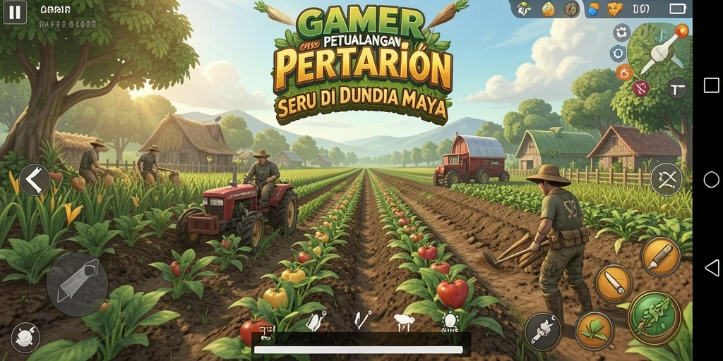 Tangkapan layar gameplay menunjukkan pesona ladang yang hijau dan hewan ternak yang lucu.