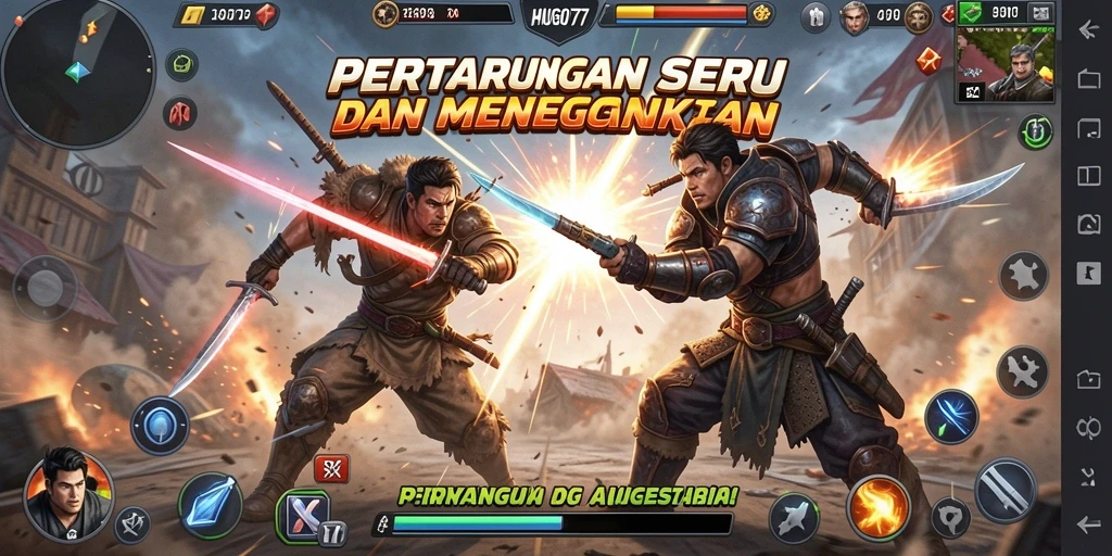 Screenshot gameplay <strong>HUGO77</strong> menunjukkan karakter bertarung dengan intensitas tinggi.