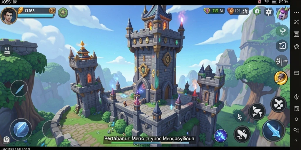 Gameplay JOSS188 yang menampilkan menara melawan gelombang musuh.