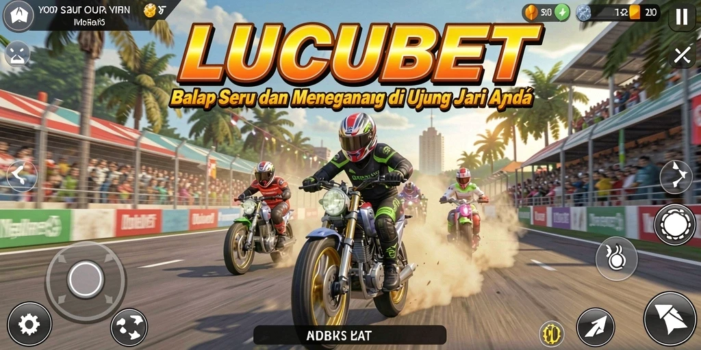 Tangkapan layar utama LUCUBET menampilkan balapan mendebarkan di sirkuit yang dirancang dengan indah.