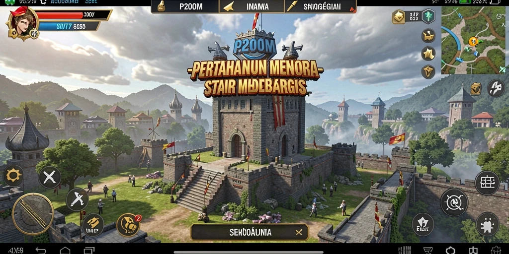 Screenshot gameplay P200M menampilkan menara yang strategis dalam pertahanan.