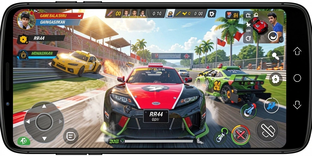 Screenshot gameplay RR44 menampilkan aksi balapan yang mendebarkan.