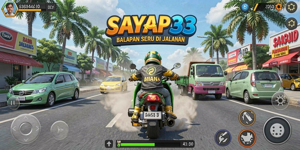 Screenshot utama SAYAP33 menampilkan tindakan balapan yang mendebarkan.